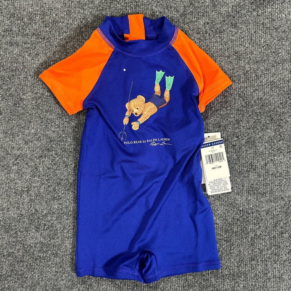 NWT Ralph Lauren Polo Bear Scuba Diving Rash Guard Union Suit Blue Orange 9M/12M